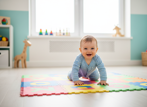 Bebé feliz gateando en colchoneta colorida en clínica pediátrica