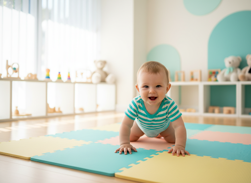 Bebé sonriendo feliz practicando tummy time sobre alfombra de estimulación