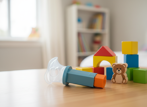 Cámara espaciadora de inhalador pediátrico con juguetes en fondo difuso