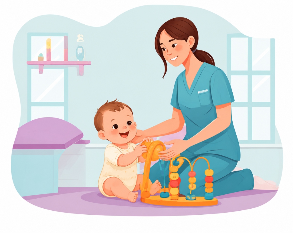 Friendly pediatric therapy session with happy mother, baby, and therapist Yohana